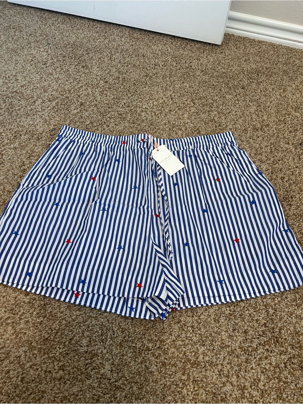 Skies Are Blue Navy & White Striped Women's Bermuda Shorts with Red Accent